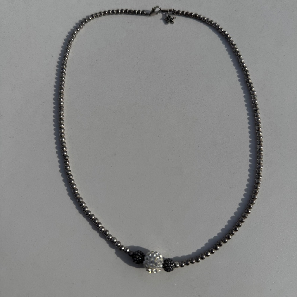 Sterling Silver Beaded Necklace with Crystal Charm and Star Pendant‎